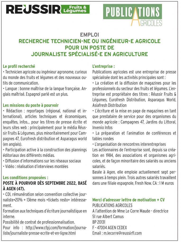 Publications agricoles recherche technicien-ne ou ingénieur-e agricole pour un poste de journaliste spécialisé-e en agriculture